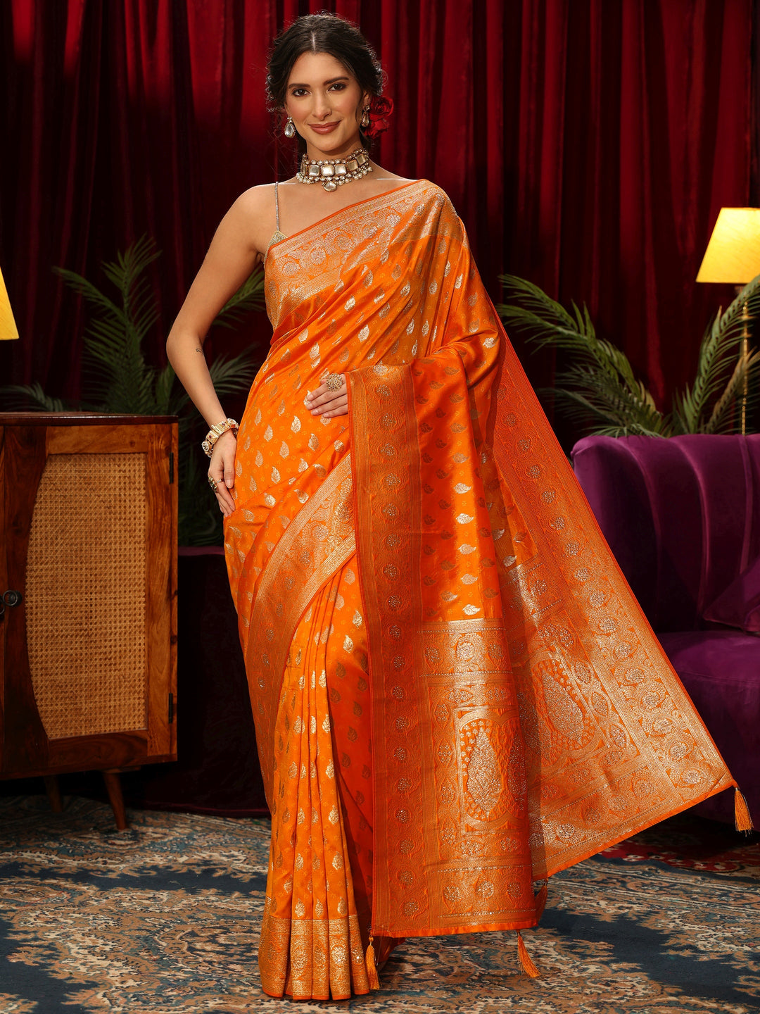  Libas Orange Banarasi Silk Blend Saree 