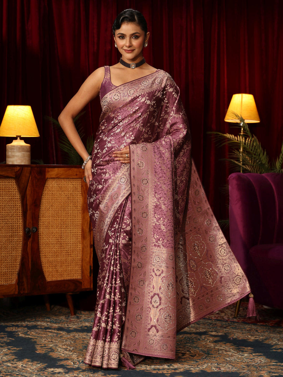  Libas Mauve Woven Design Embellished Satin Saree 