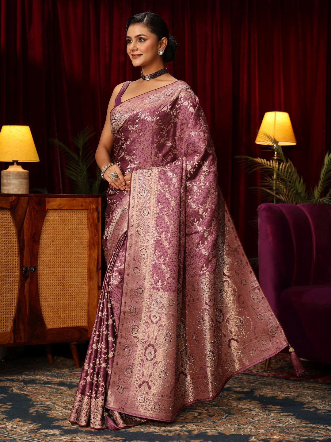  Libas Mauve Woven Design Embellished Satin Saree 