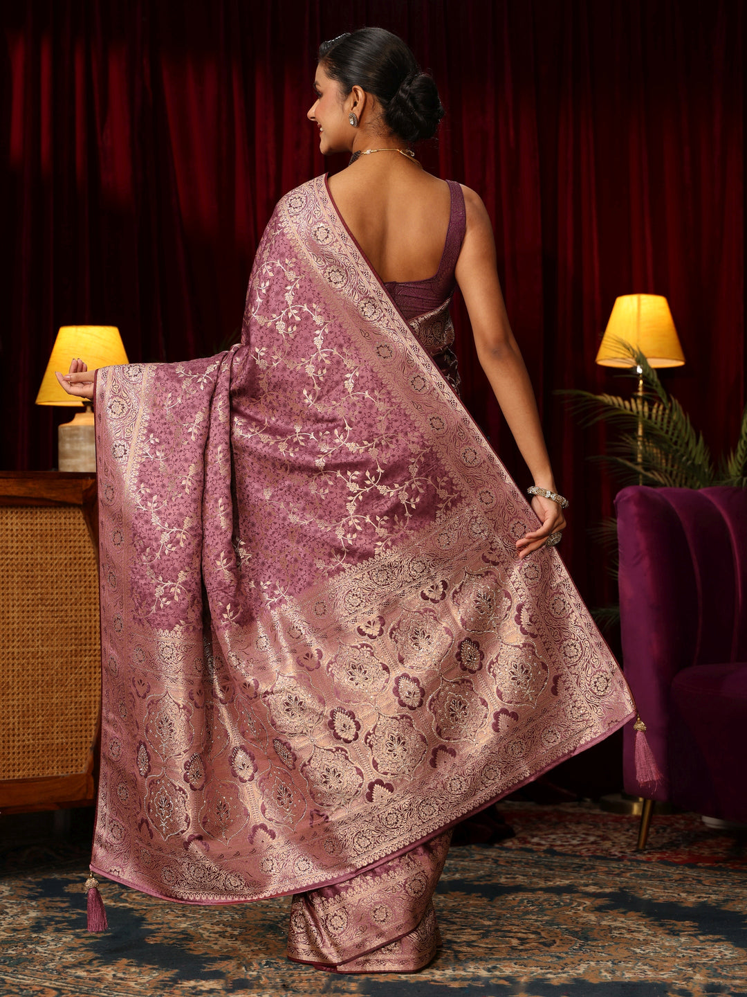  Libas Mauve Woven Design Embellished Satin Saree 