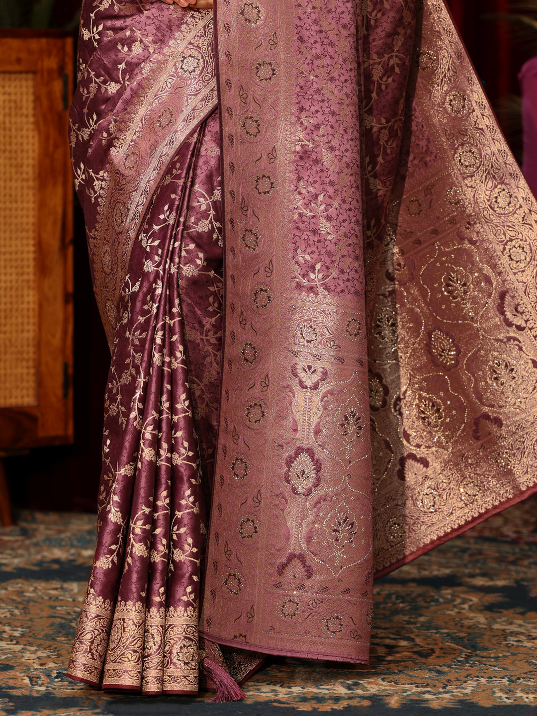  Libas Mauve Woven Design Embellished Satin Saree 