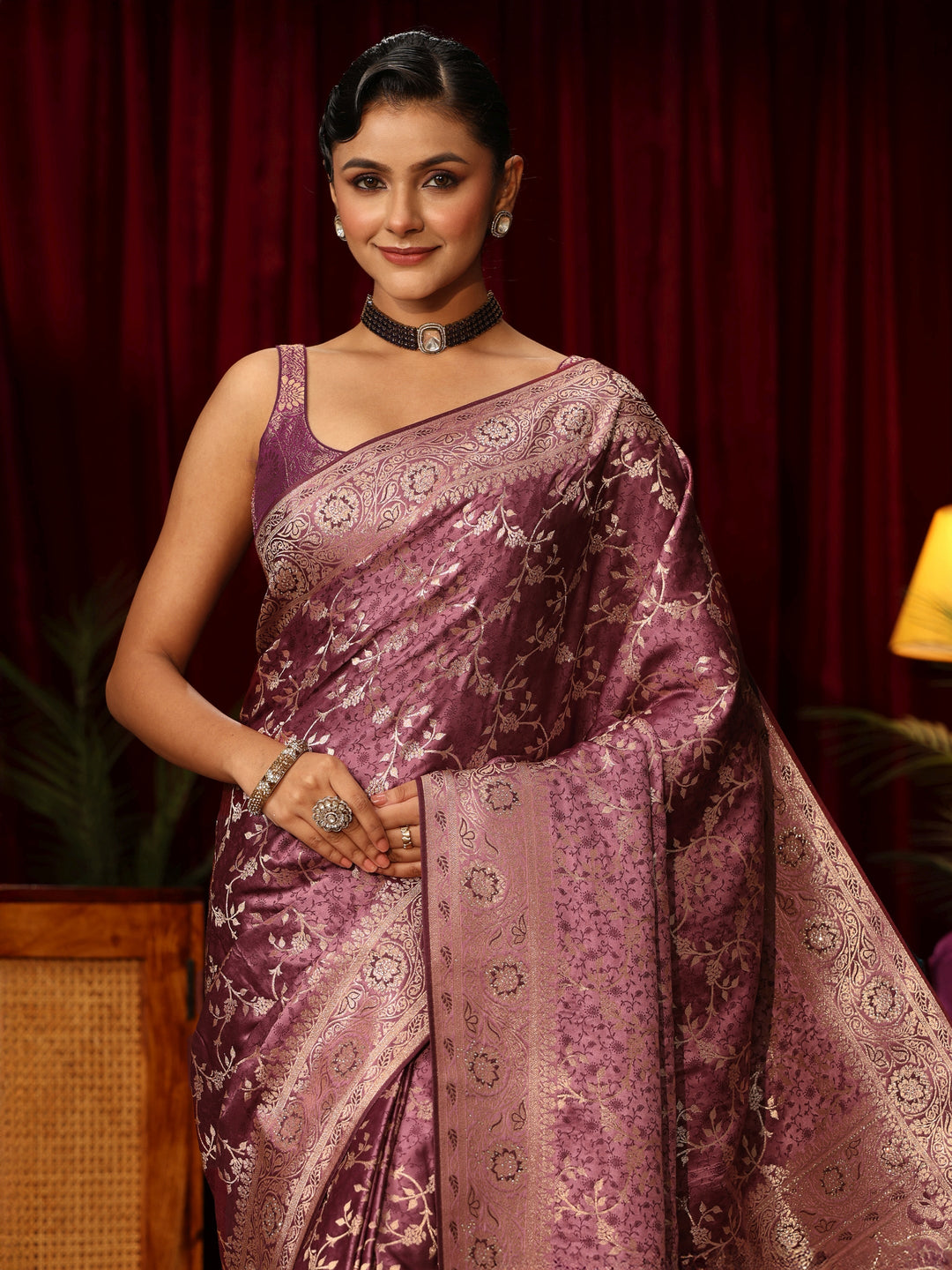  Libas Mauve Woven Design Embellished Satin Saree 