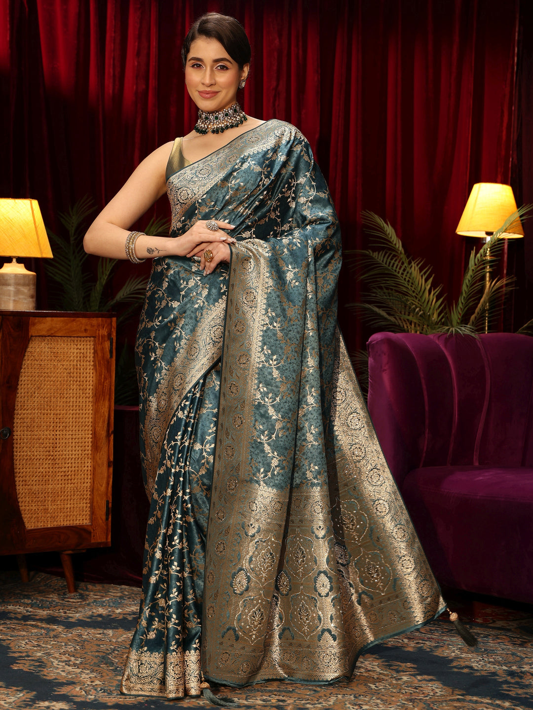  Libas Dusty Blue Floral Woven Design Embellished Satin Saree 