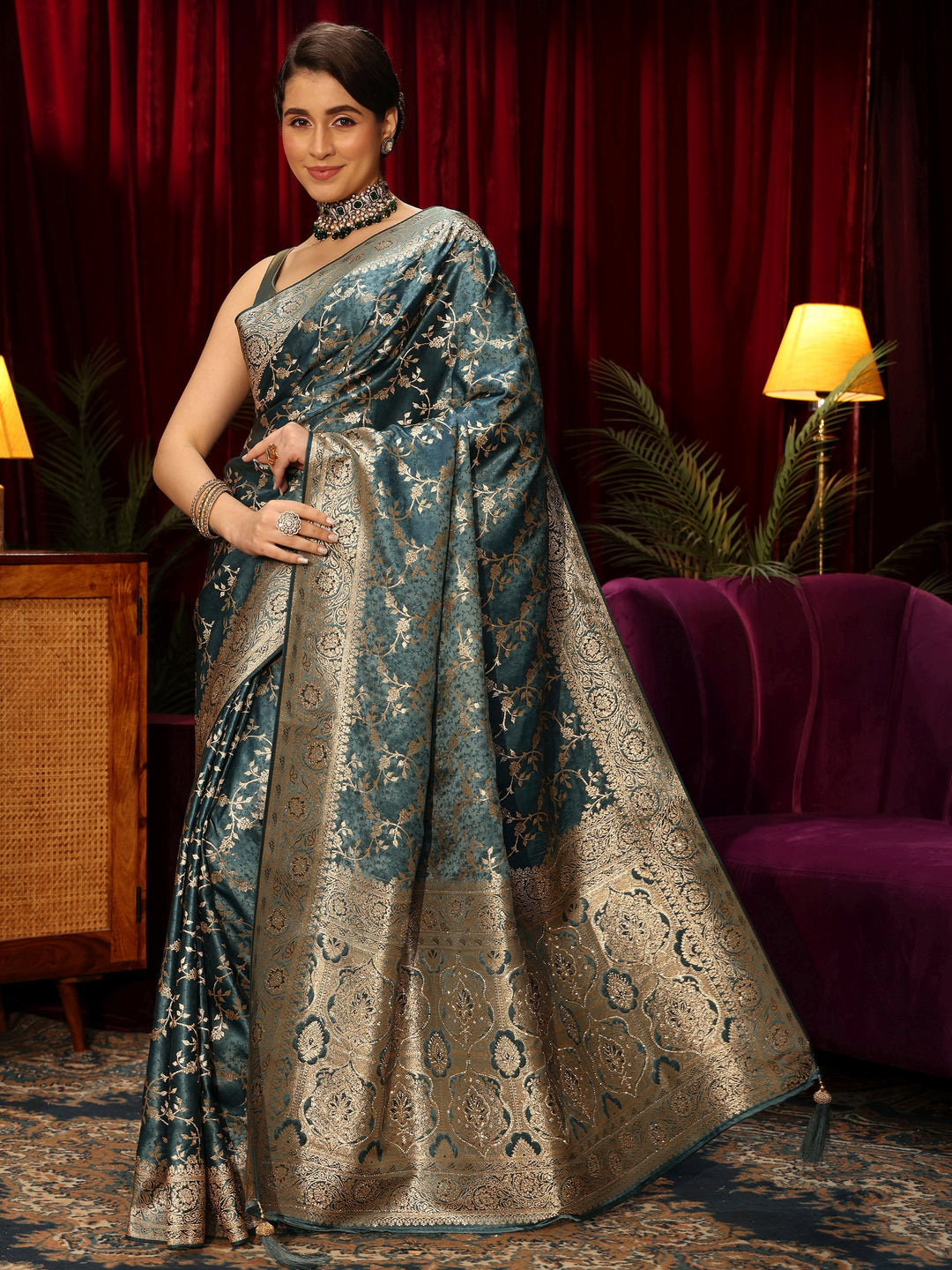  Libas Dusty Blue Floral Woven Design Embellished Satin Saree 