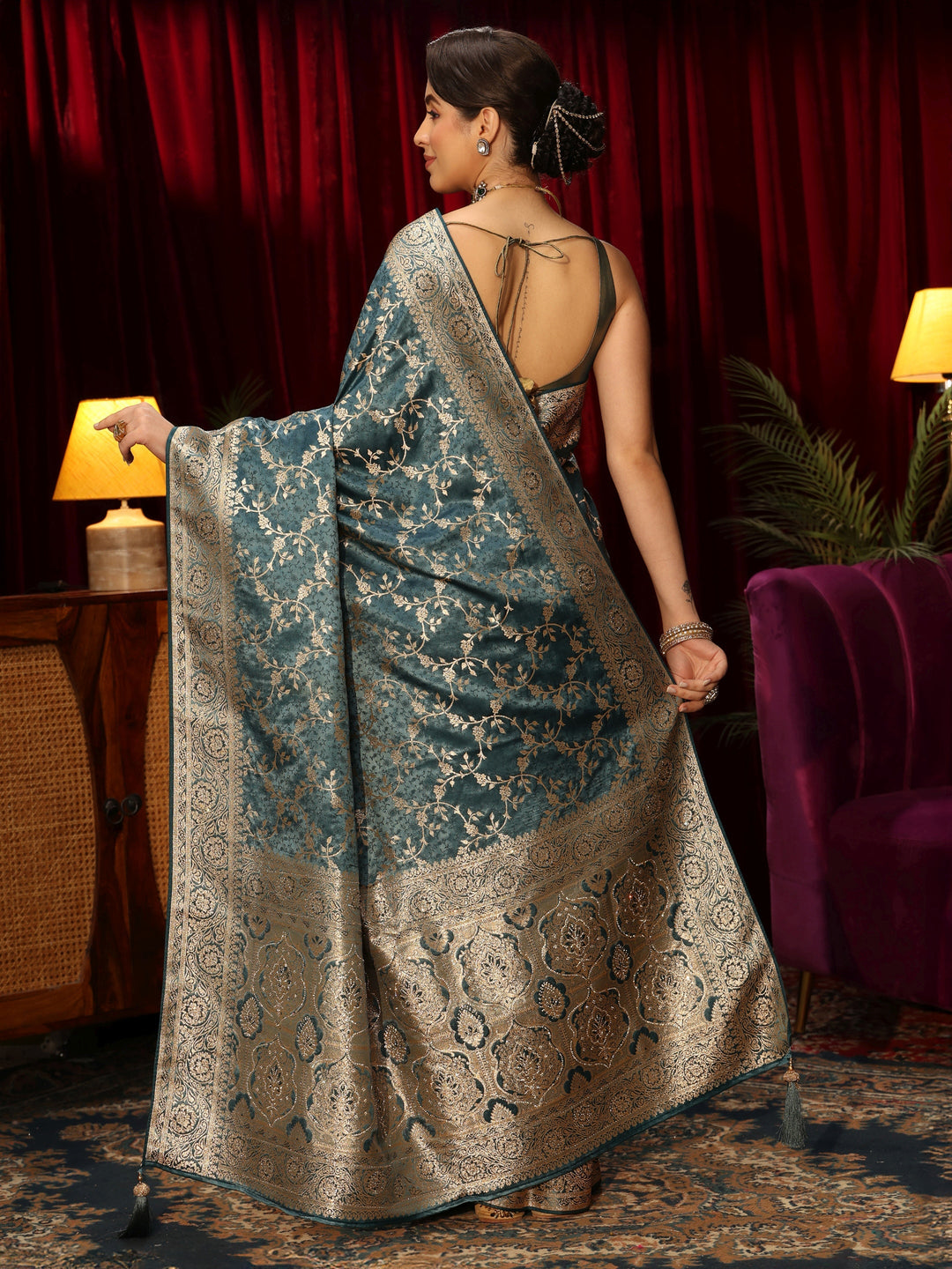  Libas Dusty Blue Floral Woven Design Embellished Satin Saree 