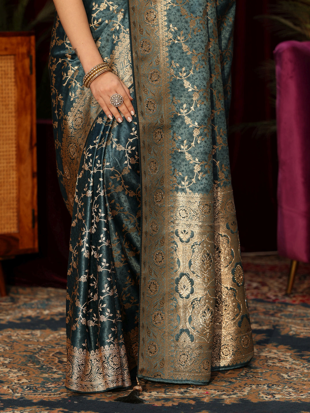  Libas Dusty Blue Floral Woven Design Embellished Satin Saree 