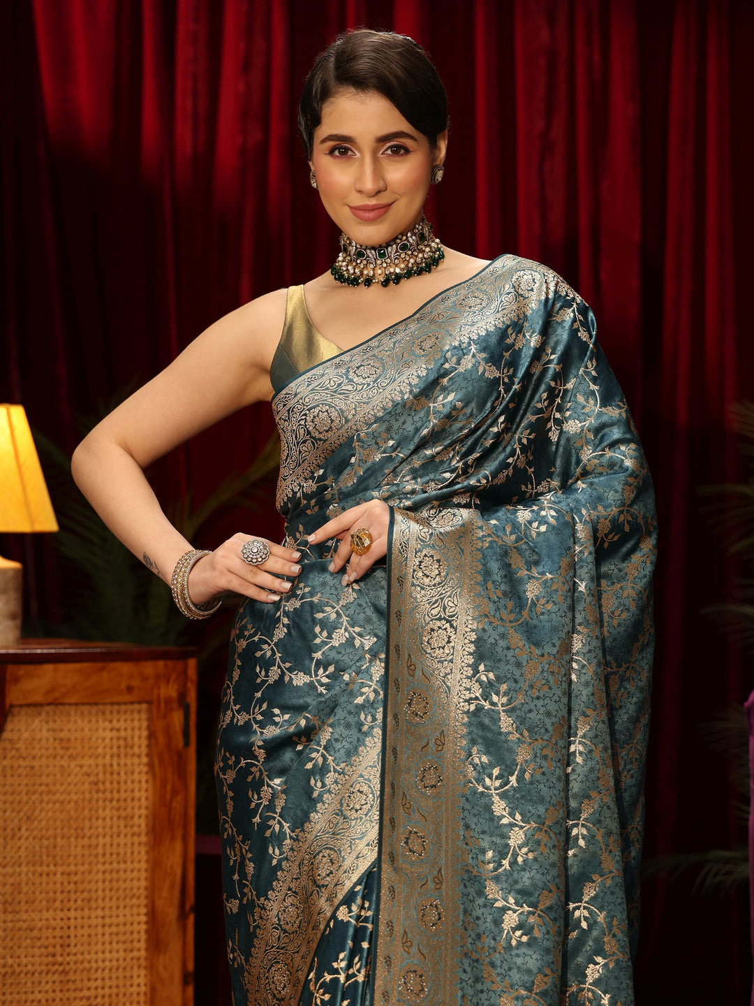  Libas Dusty Blue Floral Woven Design Embellished Satin Saree 