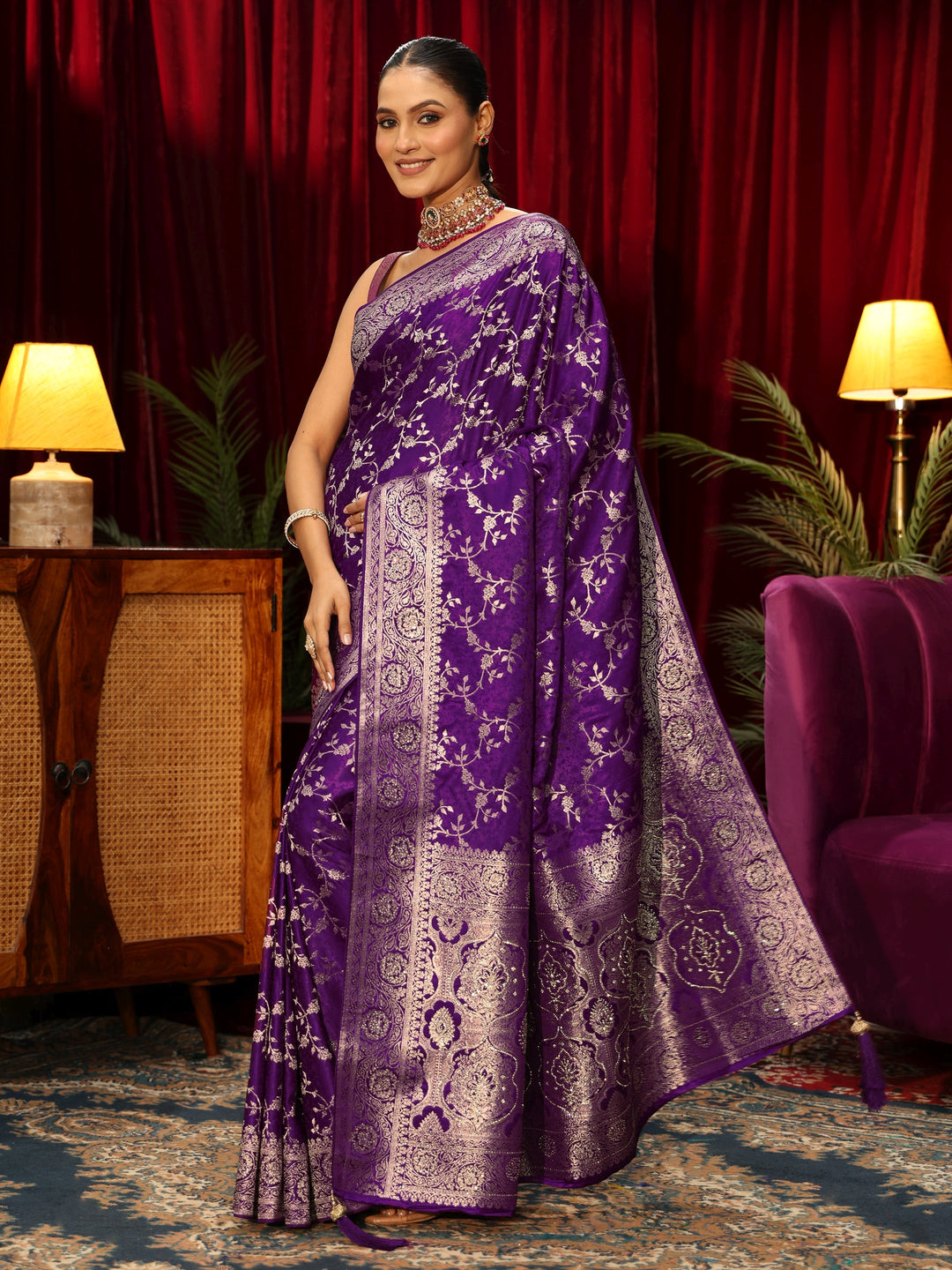  Libas Pansy Purple Floral Woven Design Satin Saree 