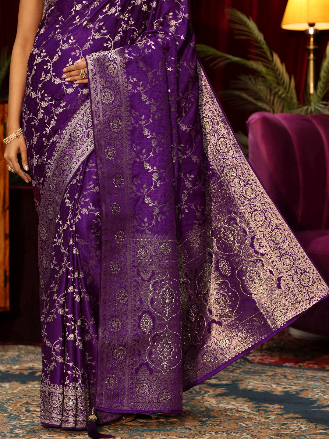  Libas Pansy Purple Floral Woven Design Satin Saree 