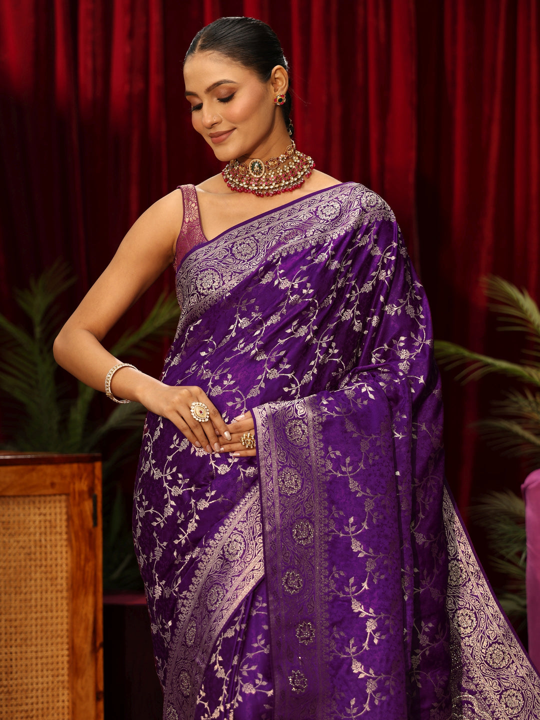  Libas Pansy Purple Floral Woven Design Satin Saree 