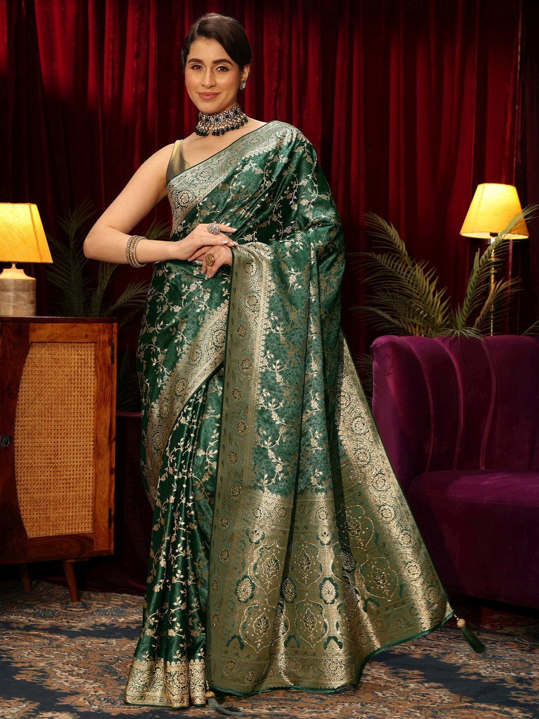  Libas Forest Green Floral Woven Design Embellished Satin Saree 