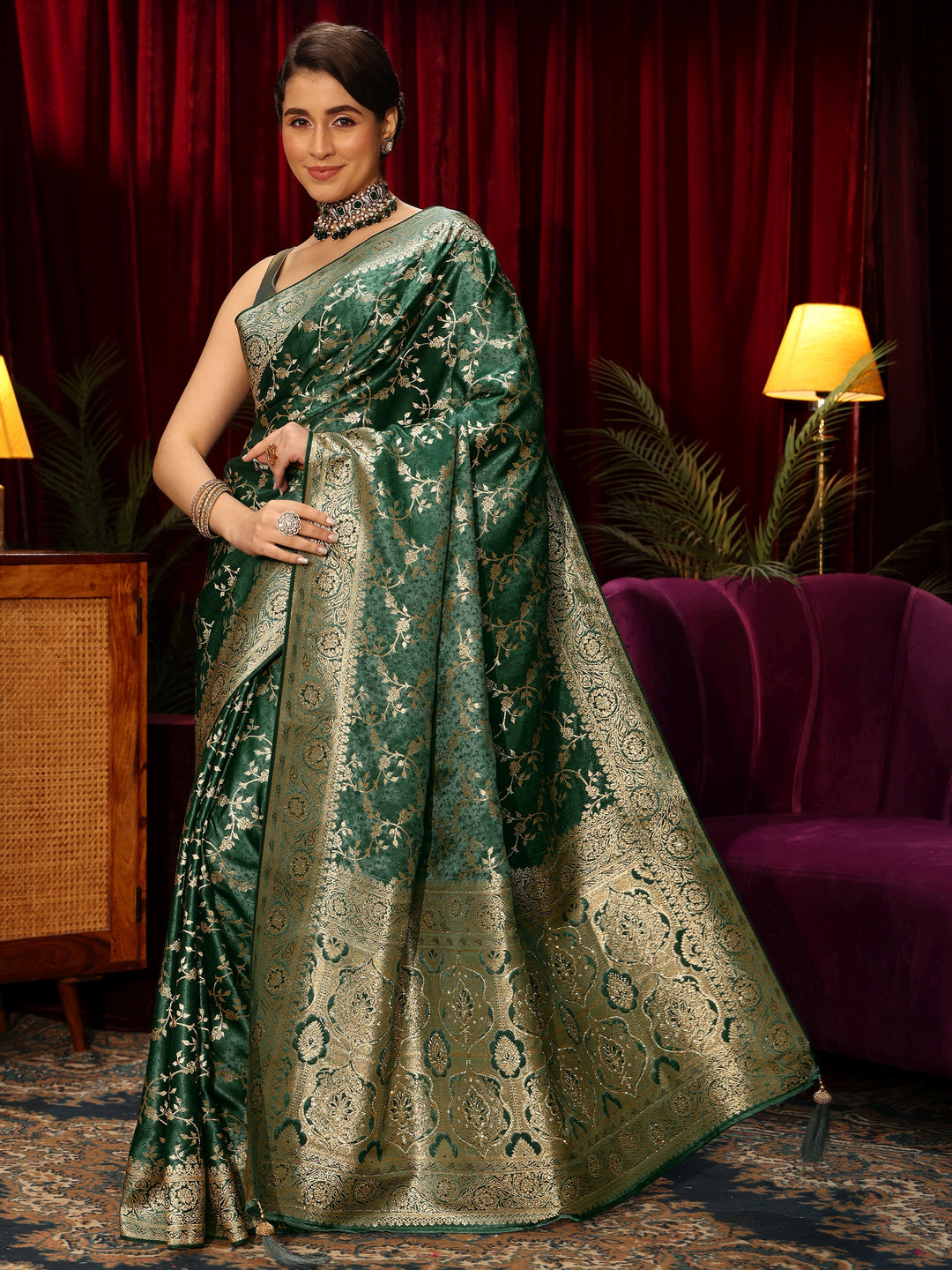  Libas Forest Green Floral Woven Design Embellished Satin Saree 