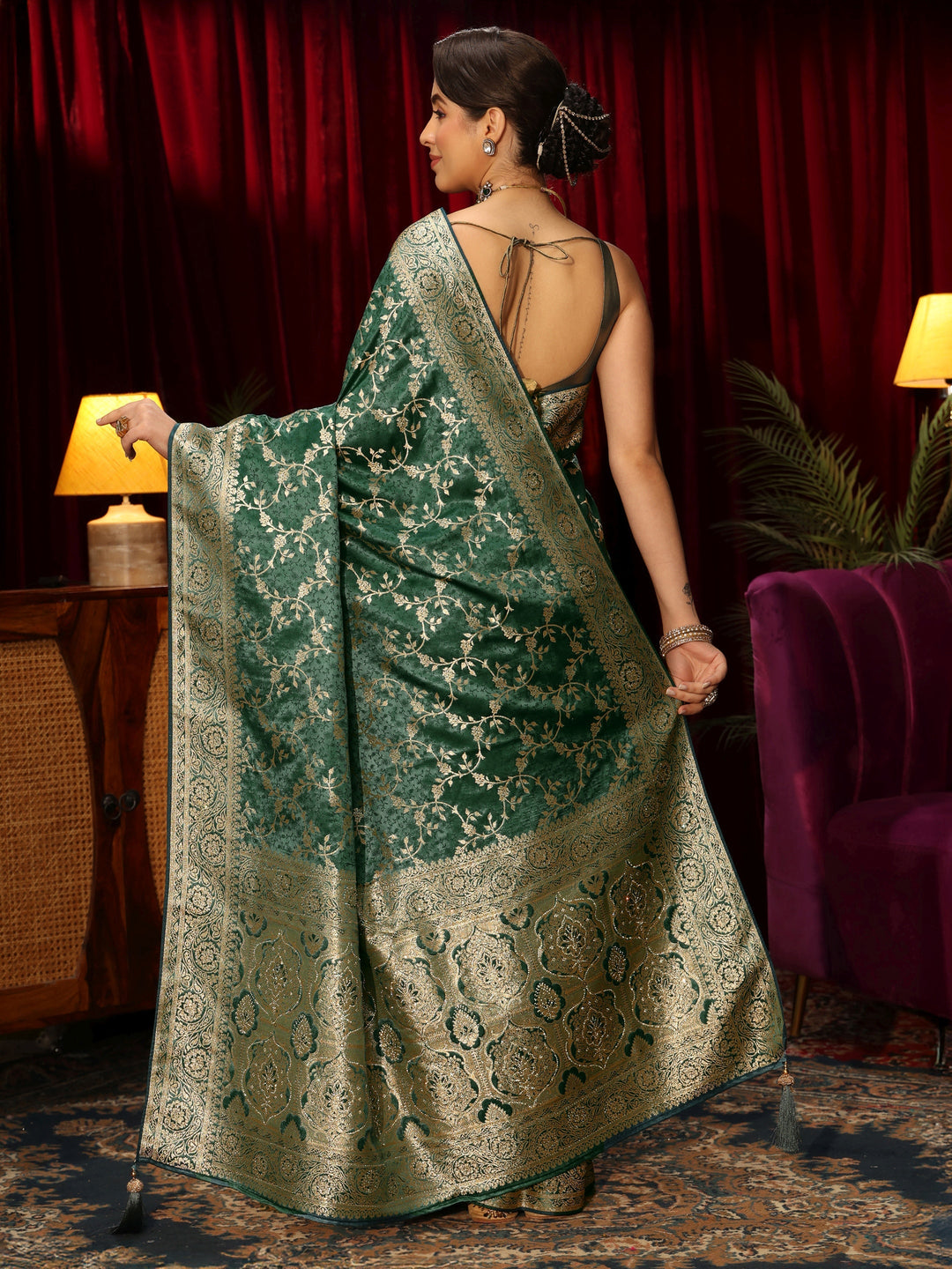  Libas Forest Green Floral Woven Design Embellished Satin Saree 