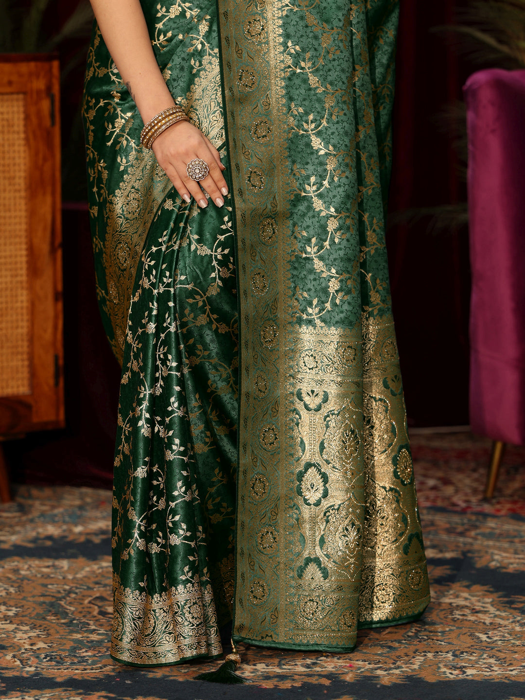  Libas Forest Green Floral Woven Design Embellished Satin Saree 