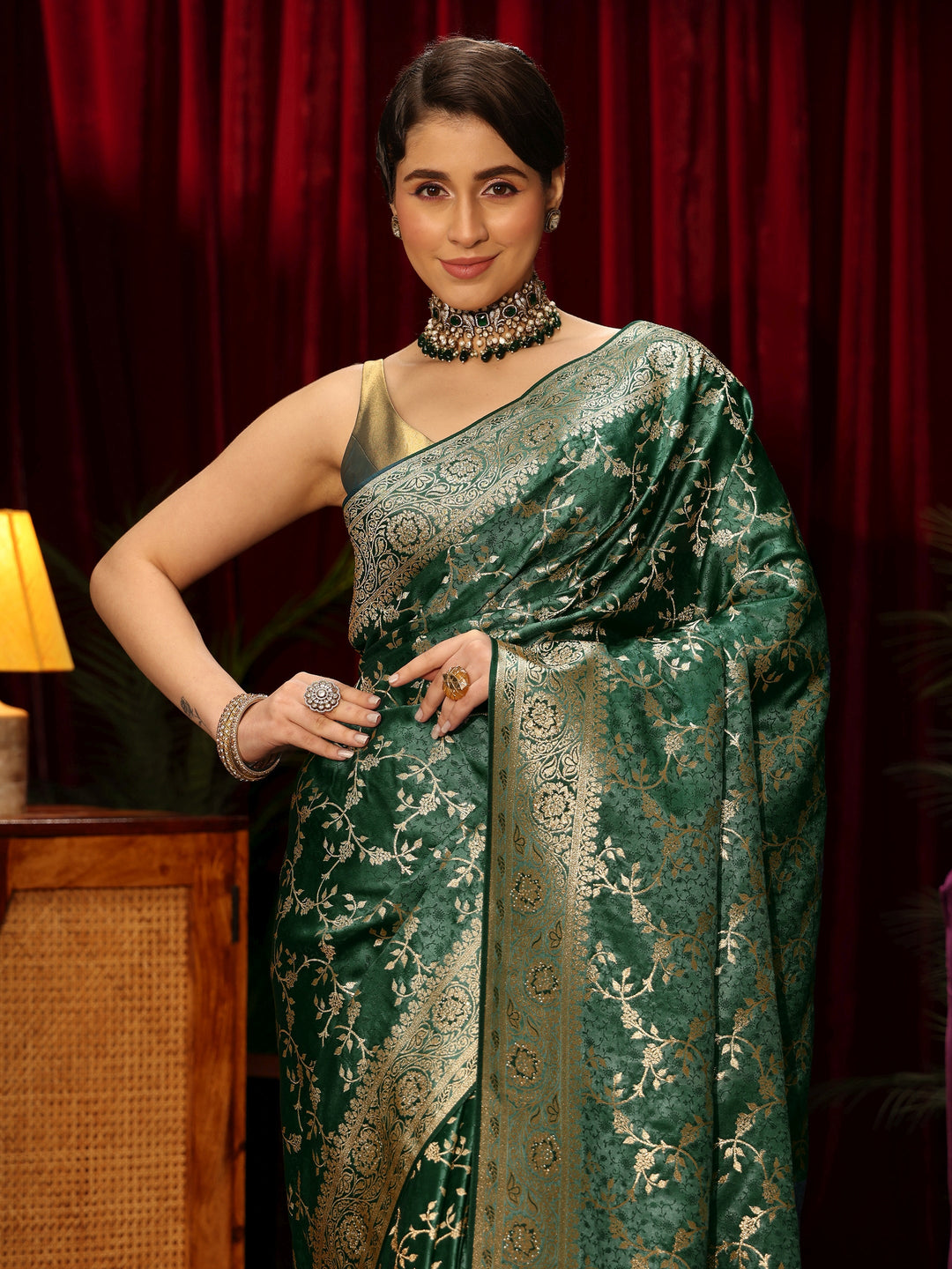  Libas Forest Green Floral Woven Design Embellished Satin Saree 