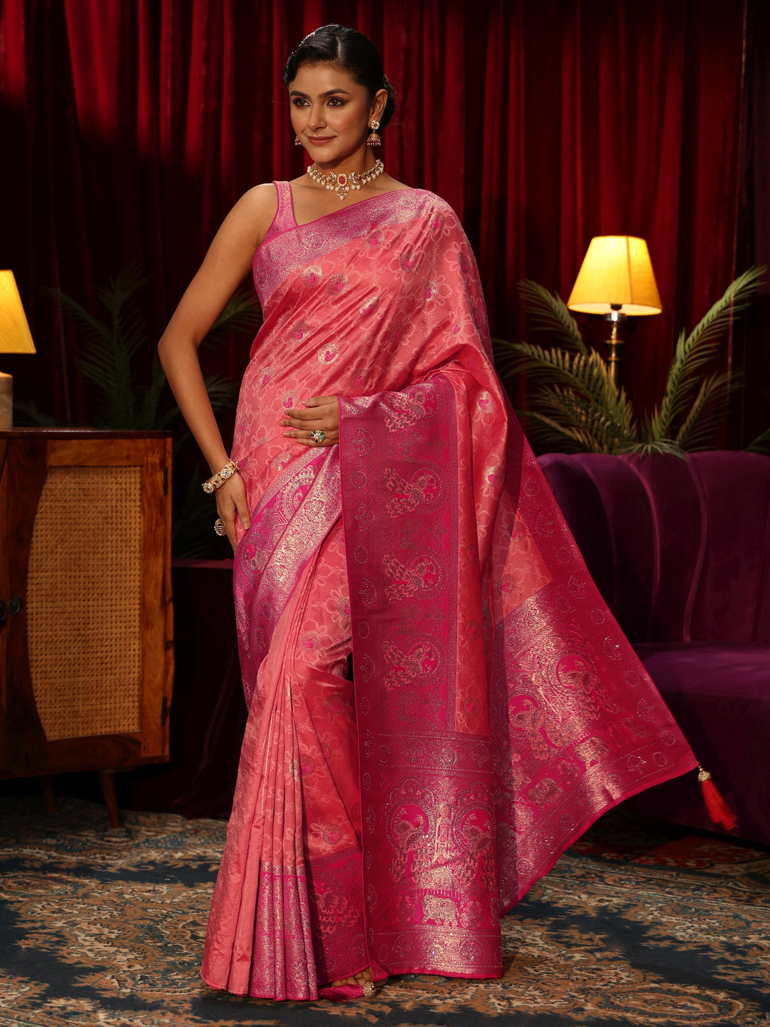  Libas Pink Floral Woven Design Embellished Silk Blend Saree 
