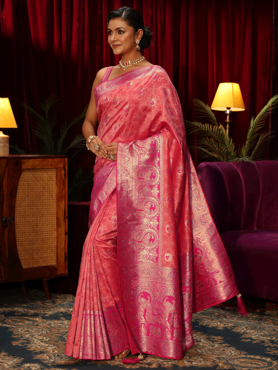  Libas Pink Floral Woven Design Embellished Silk Blend Saree 