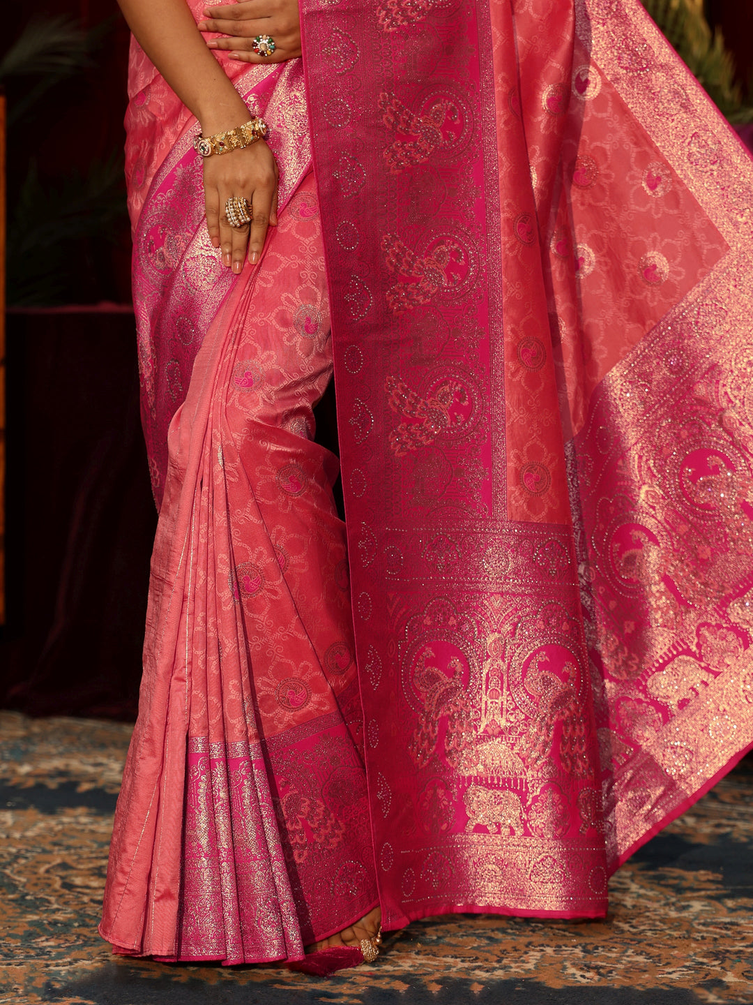  Libas Pink Floral Woven Design Embellished Silk Blend Saree 