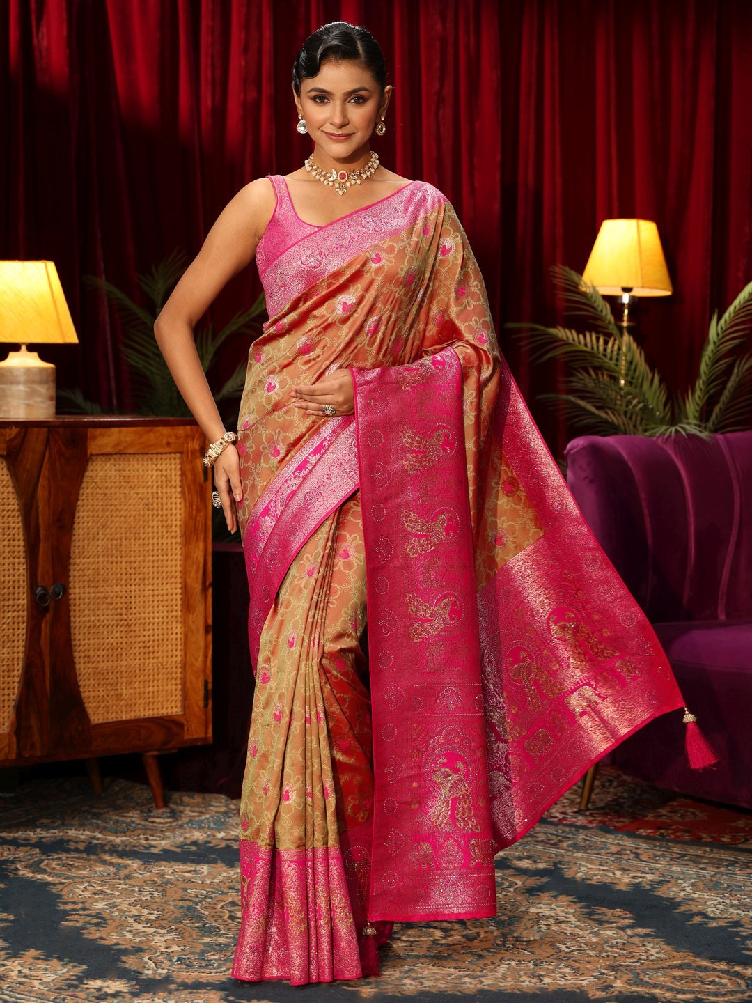  Libas Light Orange Floral Woven Design Embellished Silk Blend Saree 