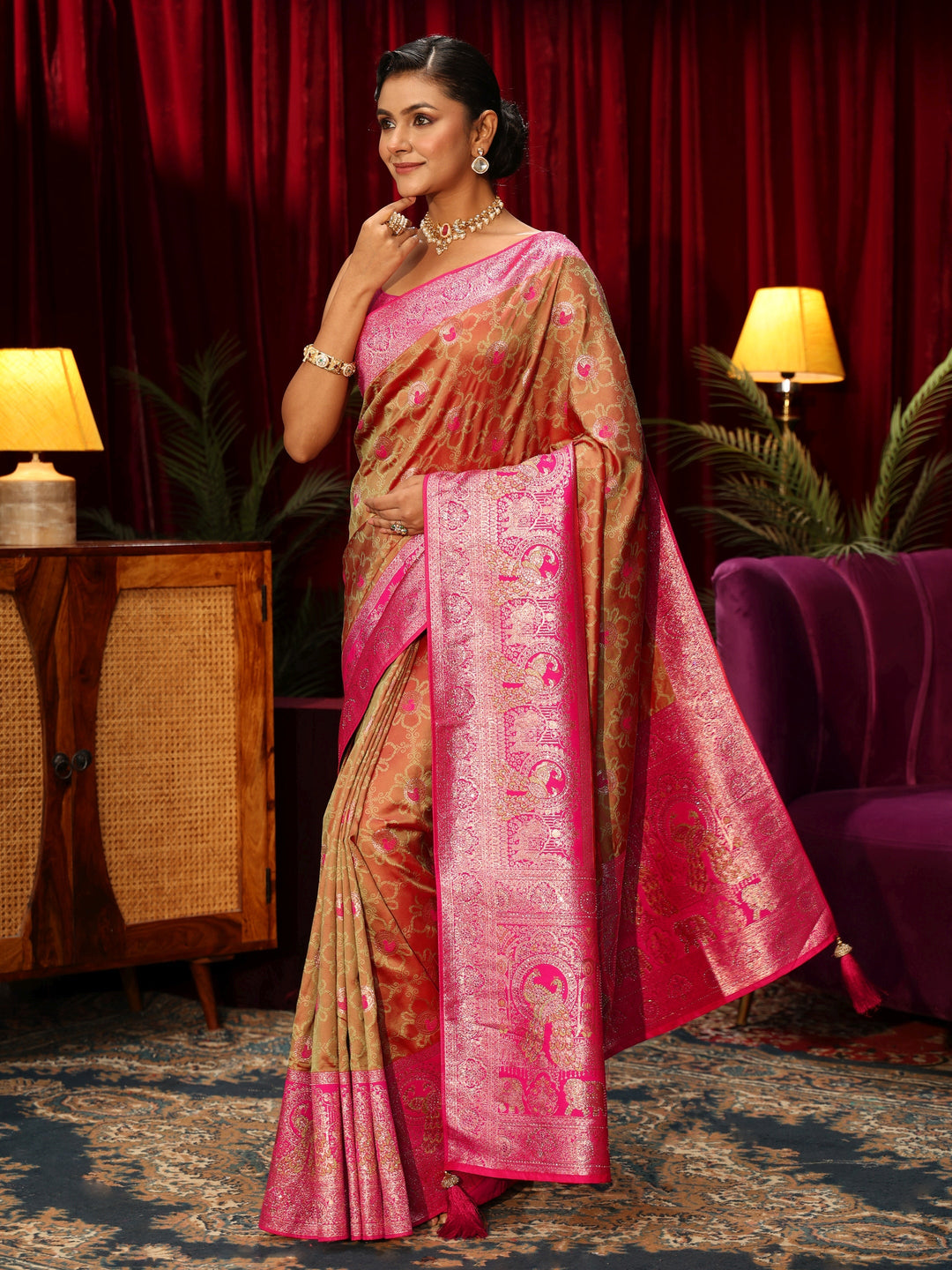  Libas Light Orange Floral Woven Design Embellished Silk Blend Saree 