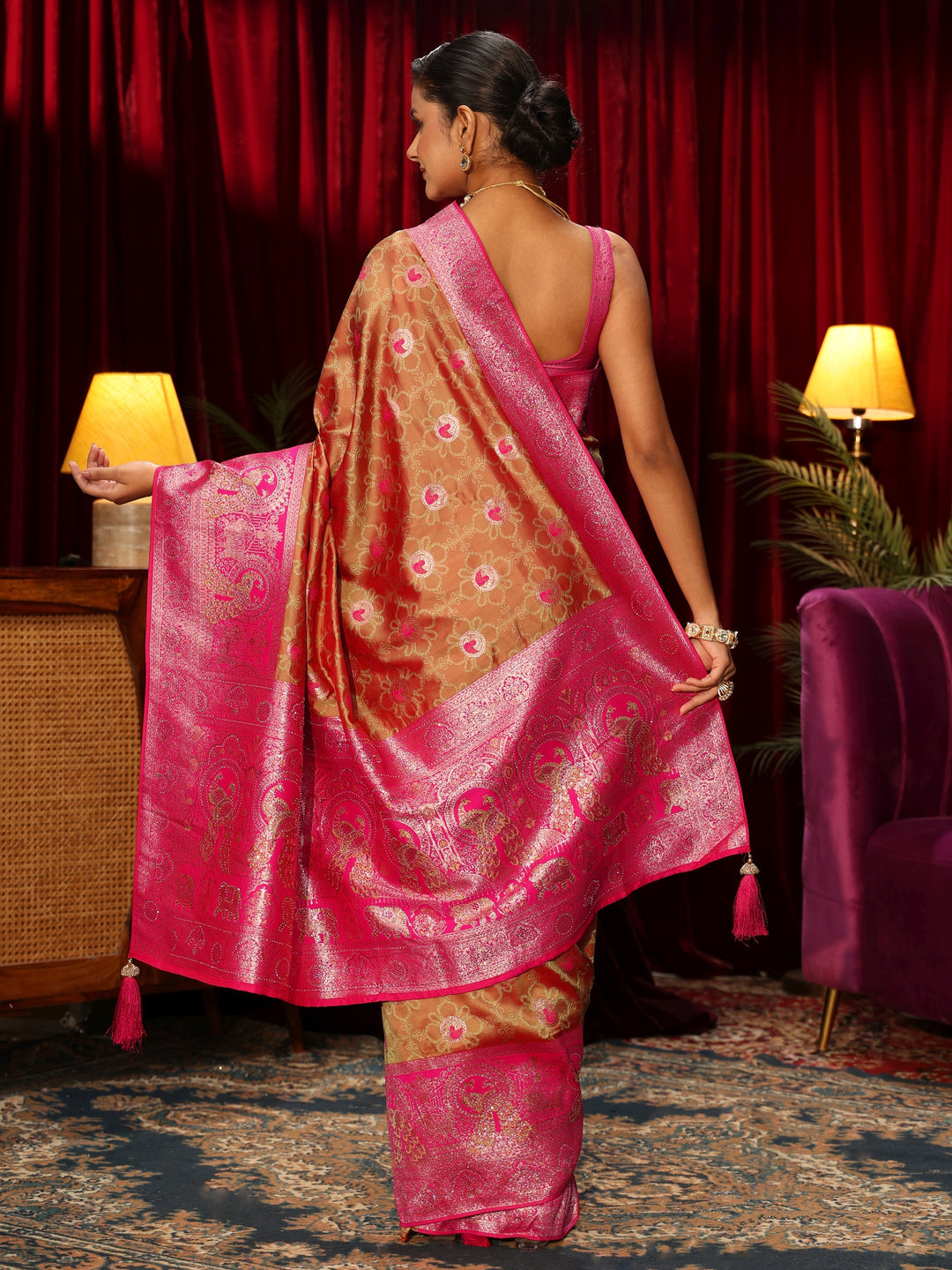  Libas Light Orange Floral Woven Design Embellished Silk Blend Saree 