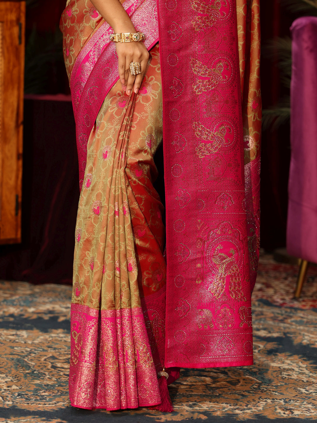  Libas Light Orange Floral Woven Design Embellished Silk Blend Saree 