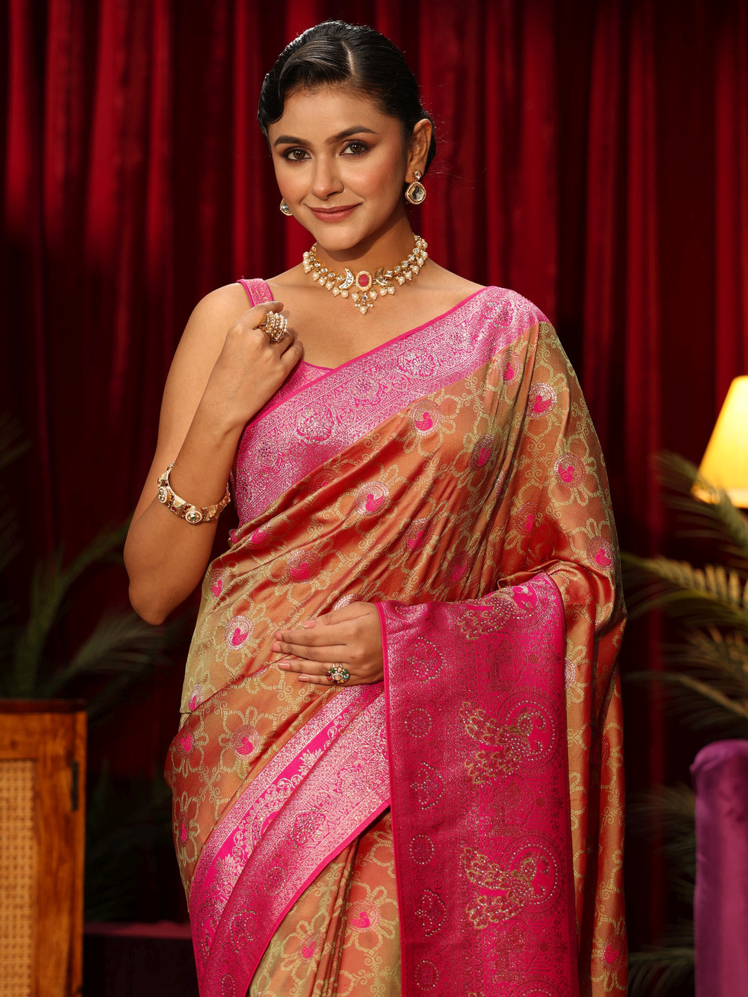  Libas Light Orange Floral Woven Design Embellished Silk Blend Saree 