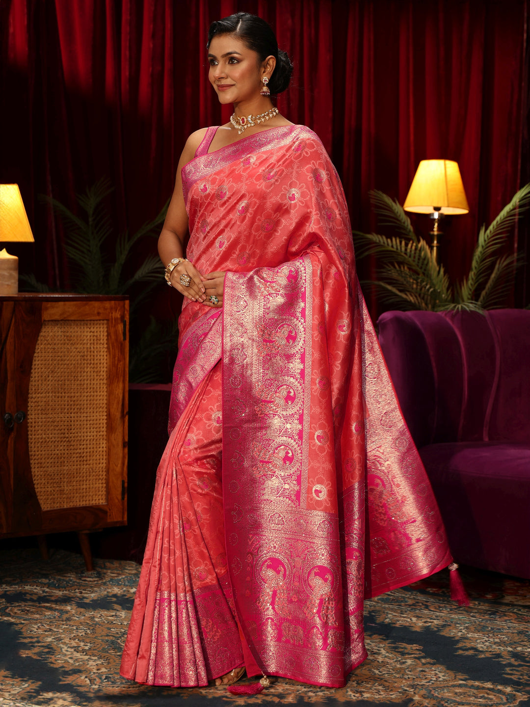  Libas Peach Floral Woven Design Embellished Silk Blend Saree 