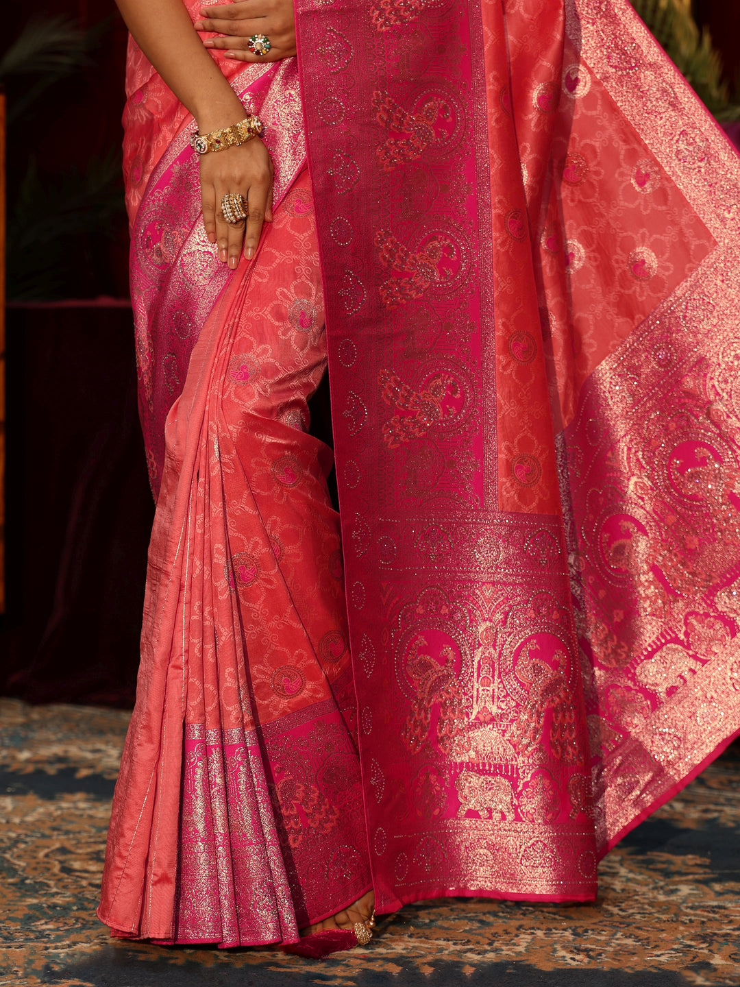  Libas Peach Floral Woven Design Embellished Silk Blend Saree 
