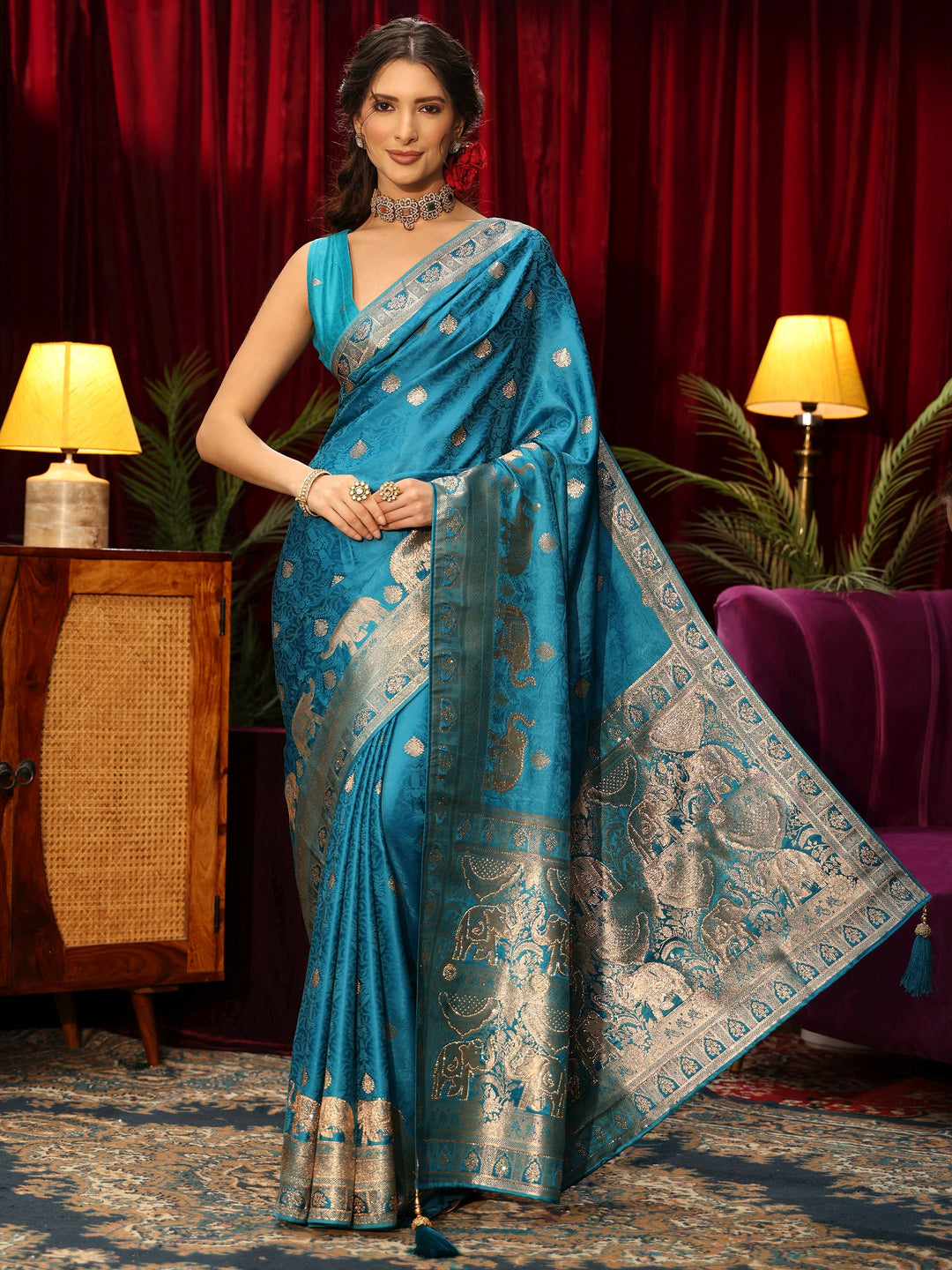  Libas Turquoise Blue Woven Design Satin Saree 