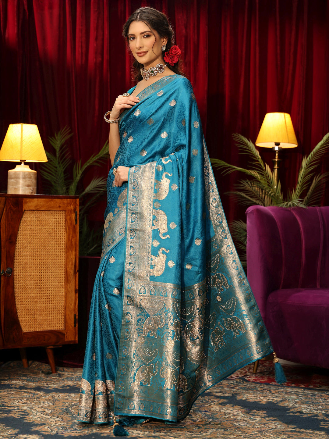  Libas Turquoise Blue Woven Design Satin Saree 