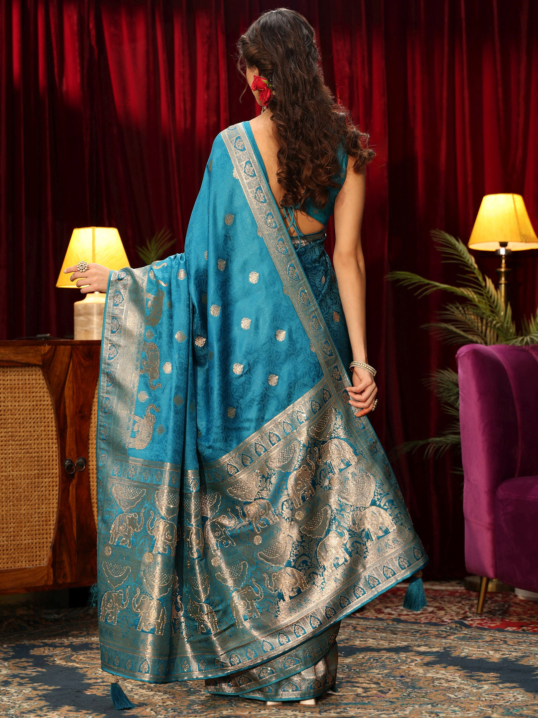  Libas Turquoise Blue Woven Design Satin Saree 