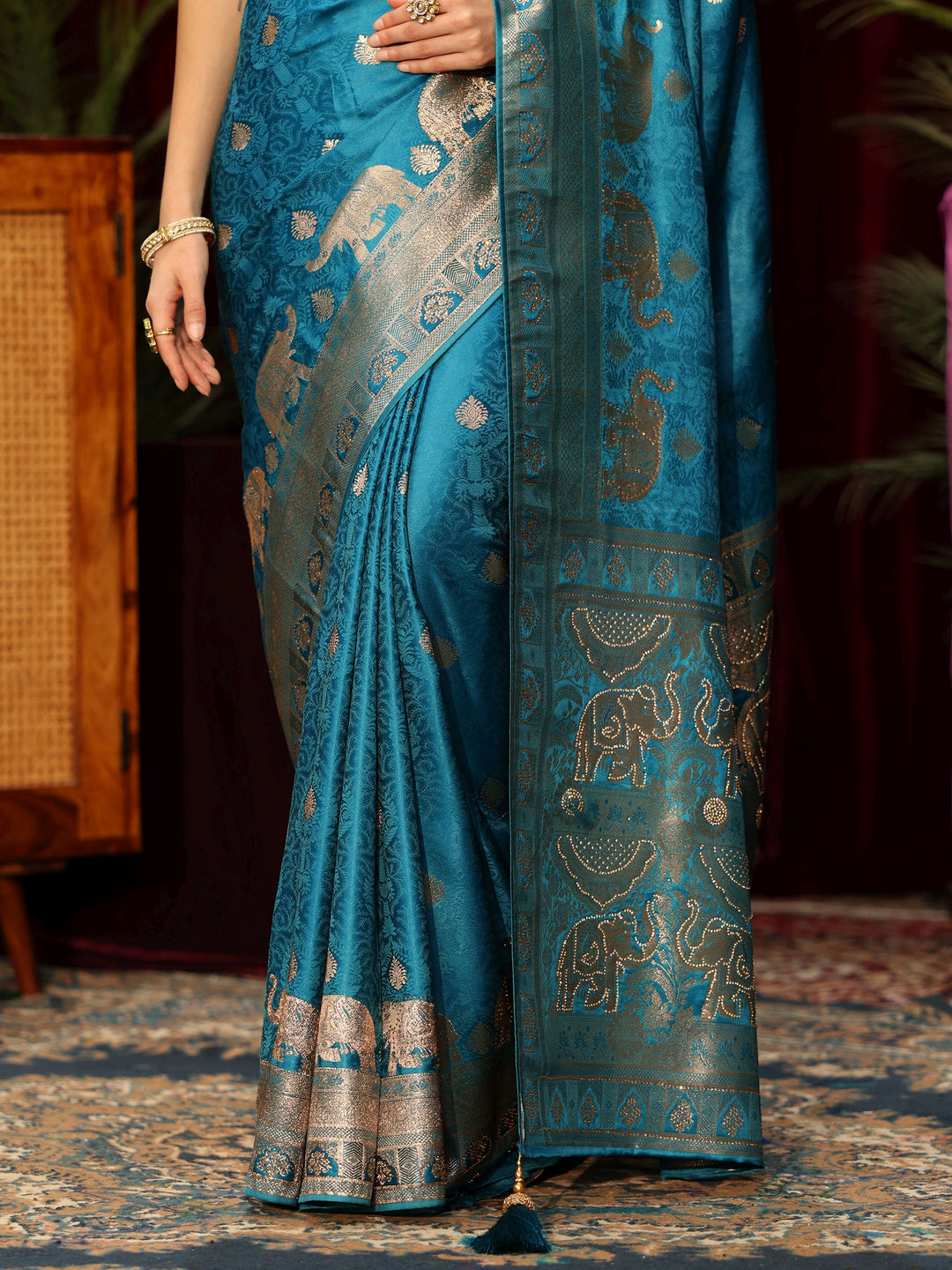  Libas Turquoise Blue Woven Design Satin Saree 