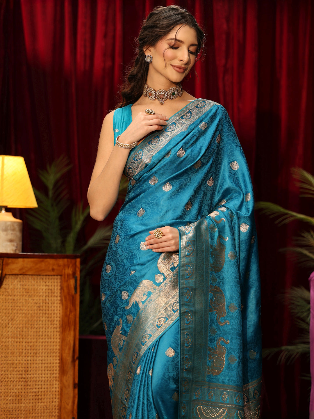  Libas Turquoise Blue Woven Design Satin Saree 
