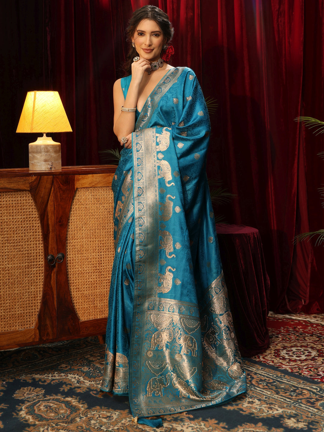  Libas Turquoise Blue Woven Design Satin Saree 