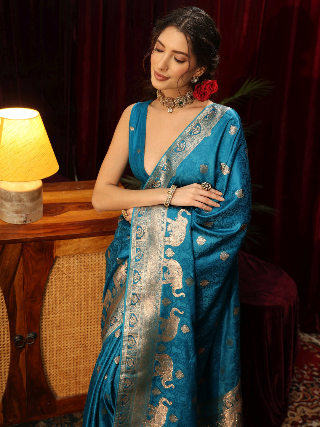  Libas Turquoise Blue Woven Design Satin Saree 