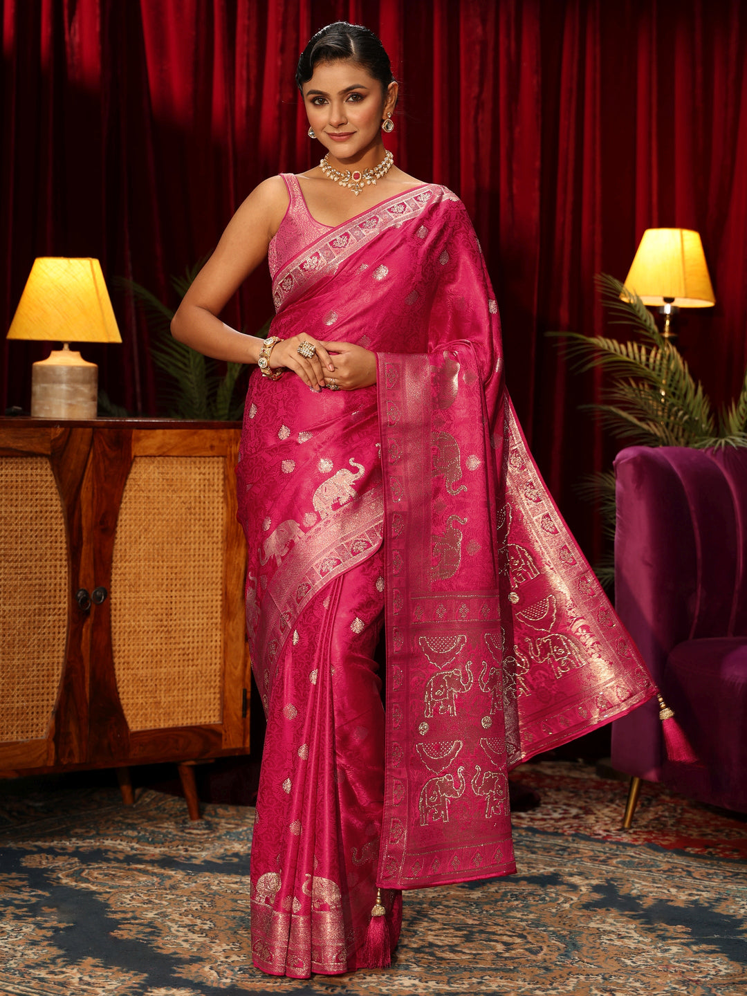  Libas Pink Elephant Woven Design Embellished Satin Saree 