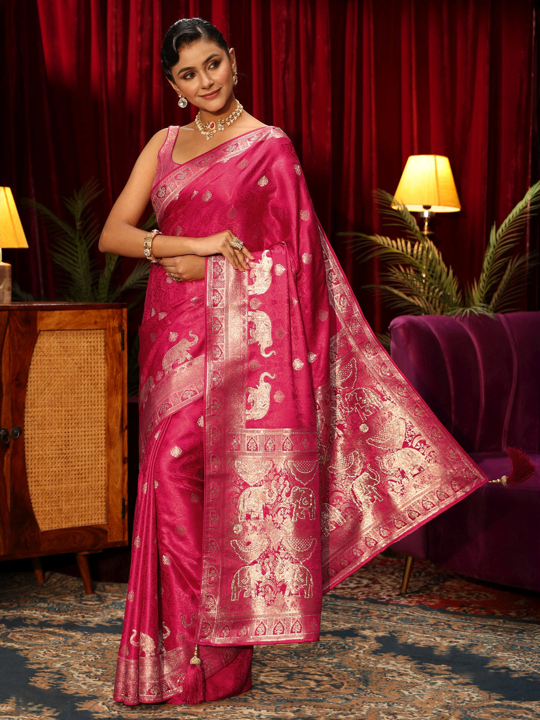  Libas Pink Elephant Woven Design Embellished Satin Saree 