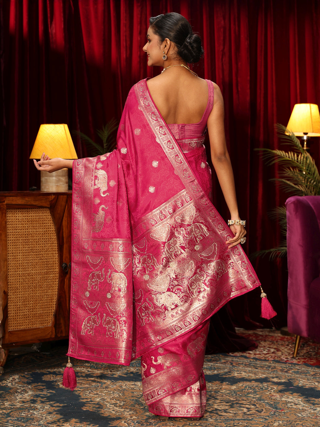  Libas Pink Elephant Woven Design Embellished Satin Saree 