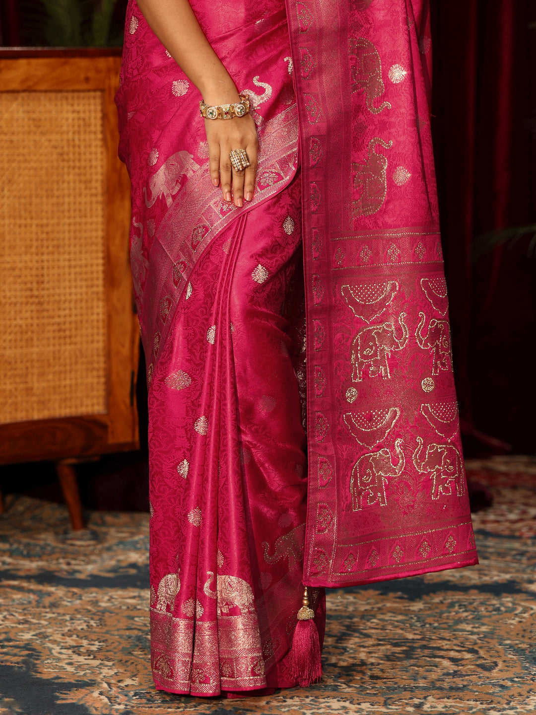  Libas Pink Elephant Woven Design Embellished Satin Saree 