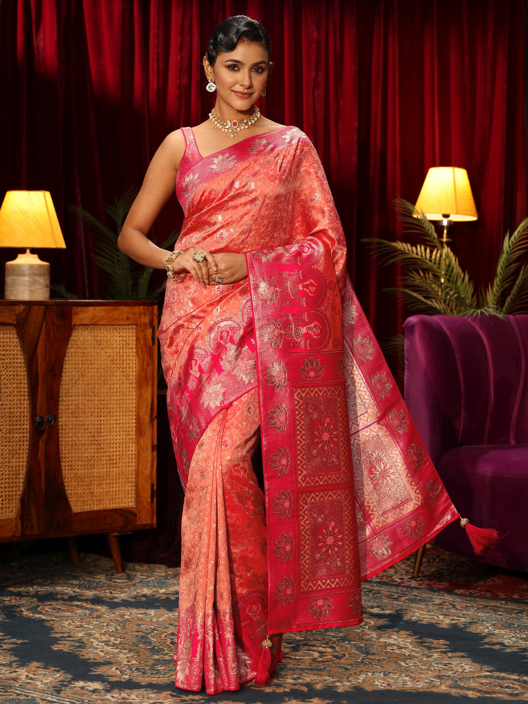  Libas Peach Floral Woven Design Embellished Silk Blend Saree 