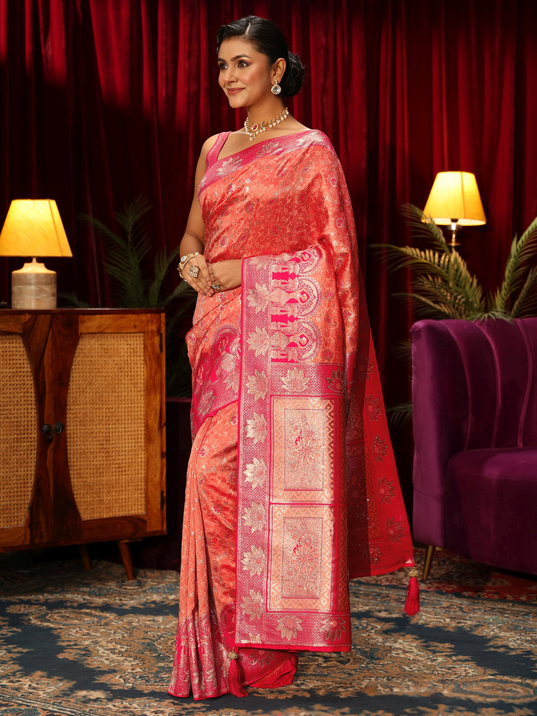  Libas Peach Floral Woven Design Embellished Silk Blend Saree 