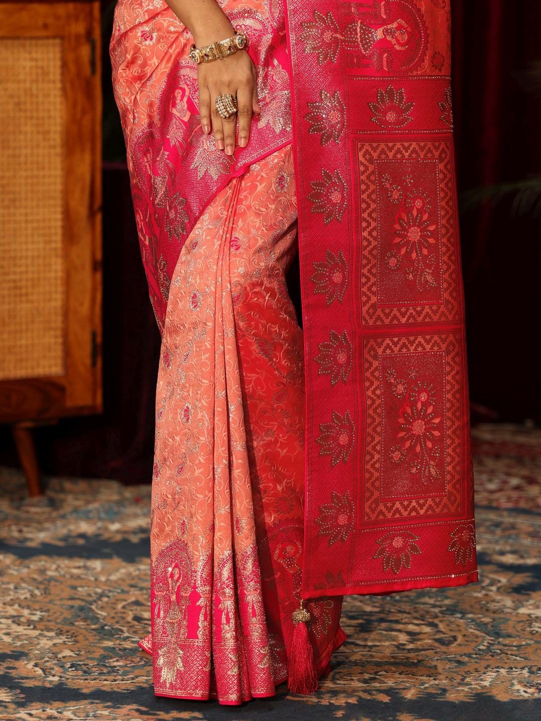  Libas Peach Floral Woven Design Embellished Silk Blend Saree 