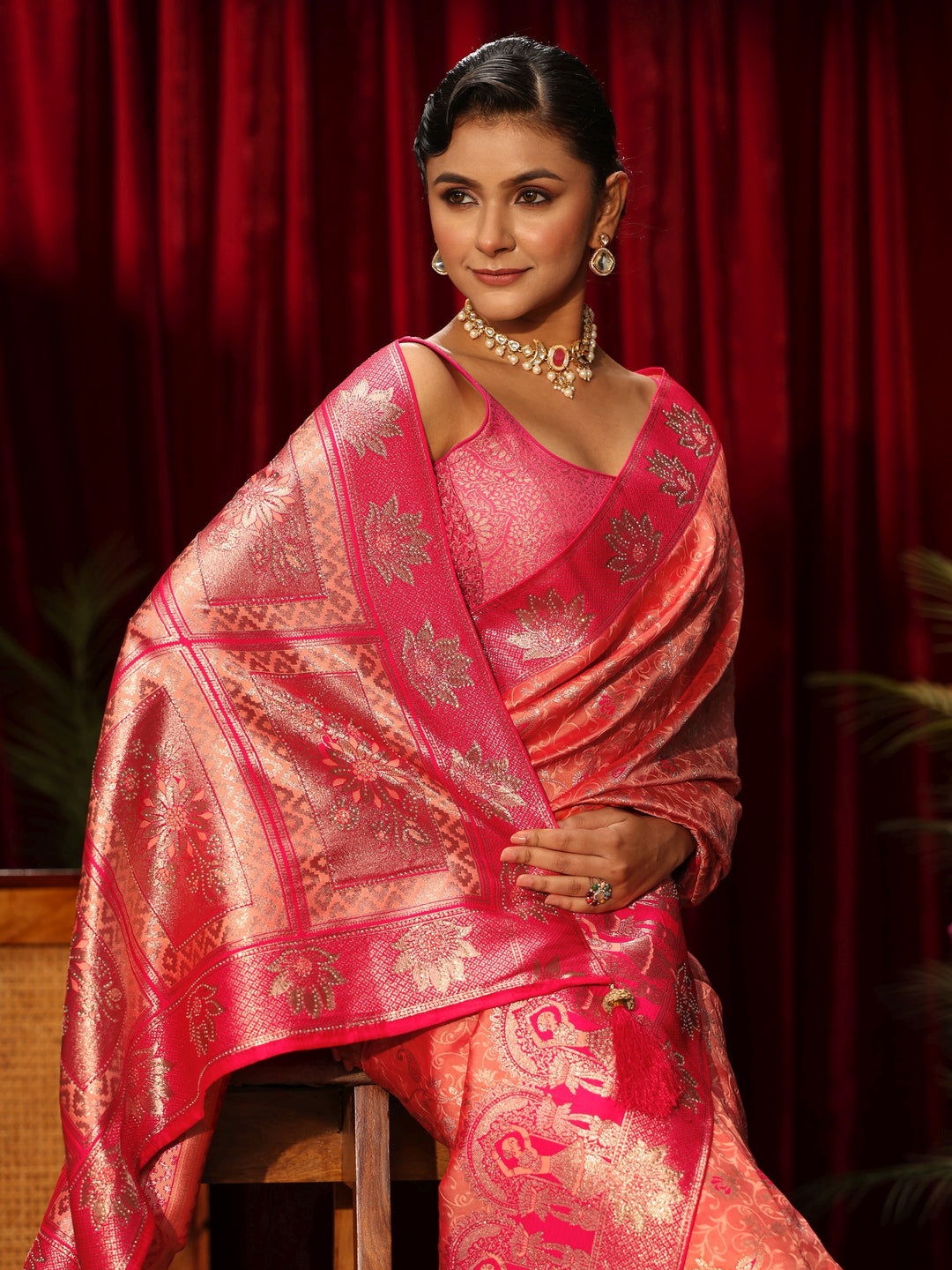  Libas Peach Floral Woven Design Embellished Silk Blend Saree 