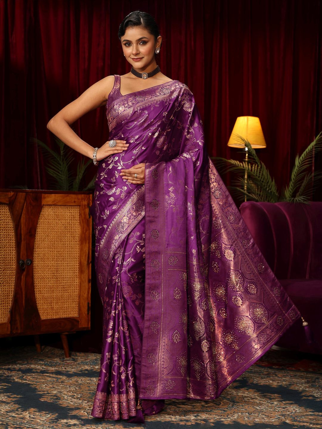  Libas Royal Purple Floral Woven Design Embellished Satin Saree 