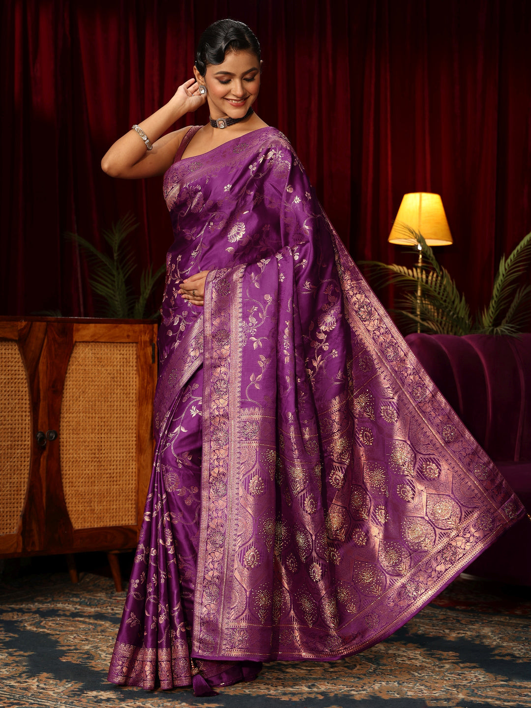  Libas Royal Purple Floral Woven Design Embellished Satin Saree 