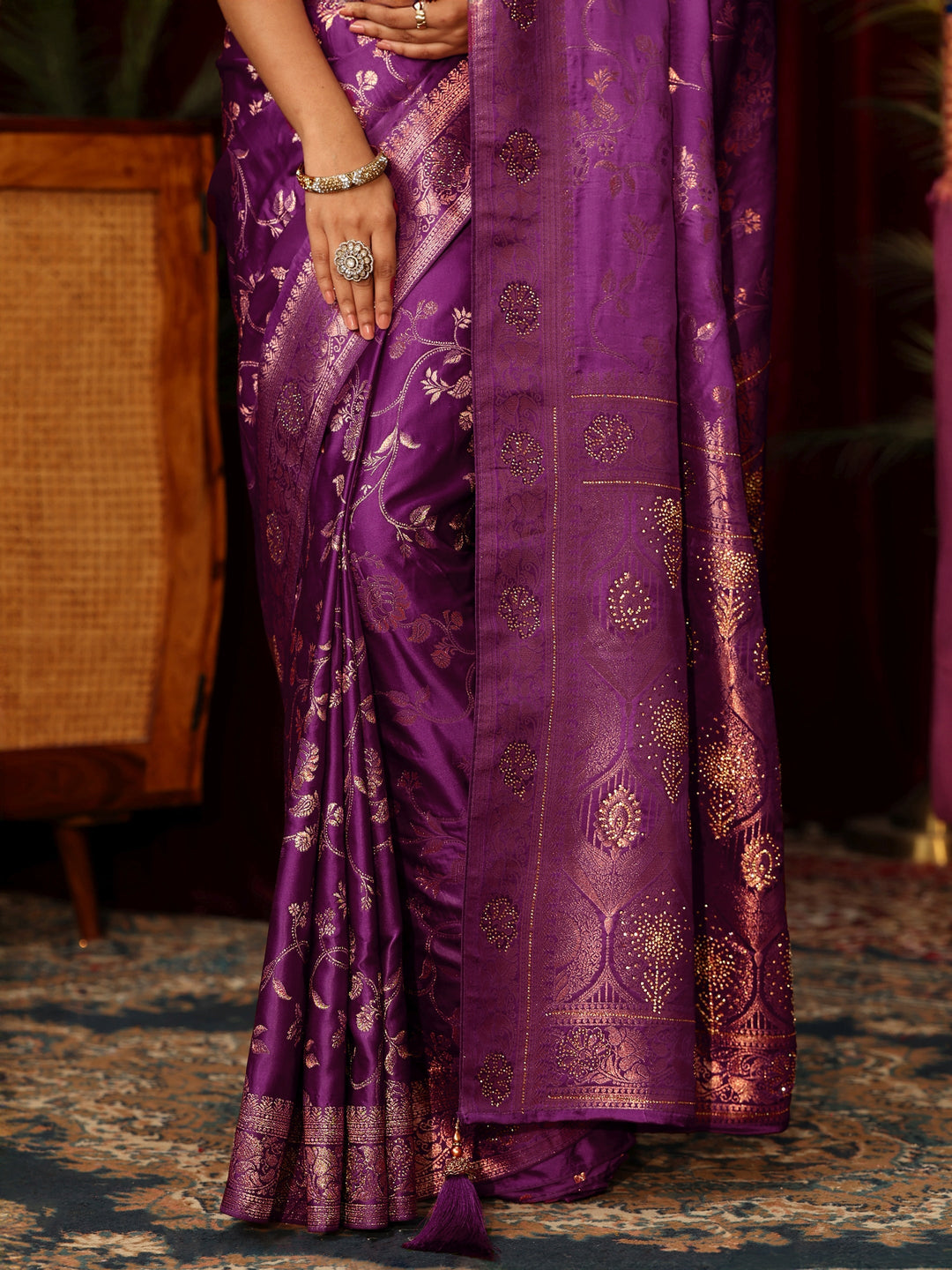  Libas Royal Purple Floral Woven Design Embellished Satin Saree 