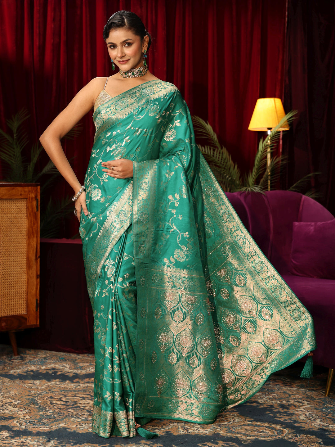  Libas Sea Green Woven Design Embellished Satin Saree 