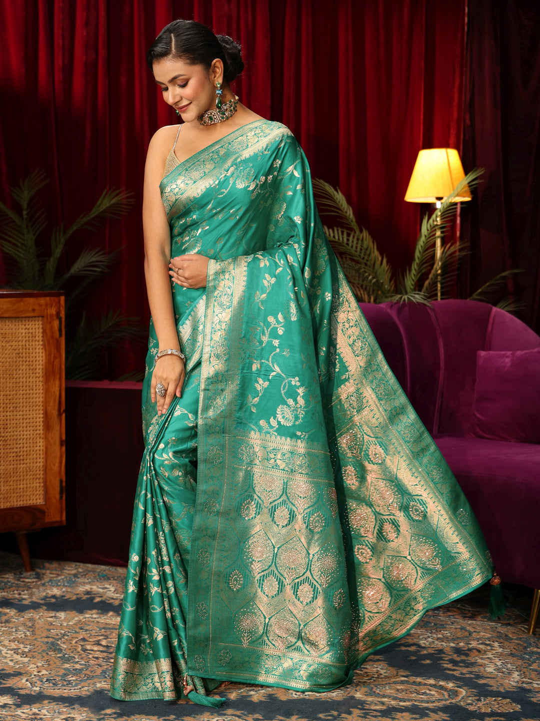  Libas Sea Green Woven Design Embellished Satin Saree 