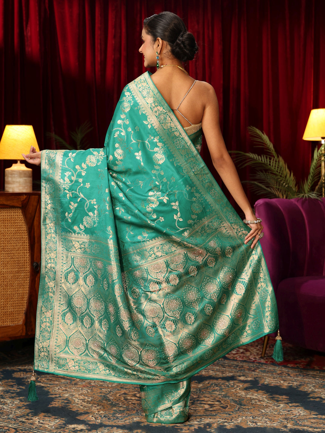  Libas Sea Green Woven Design Embellished Satin Saree 